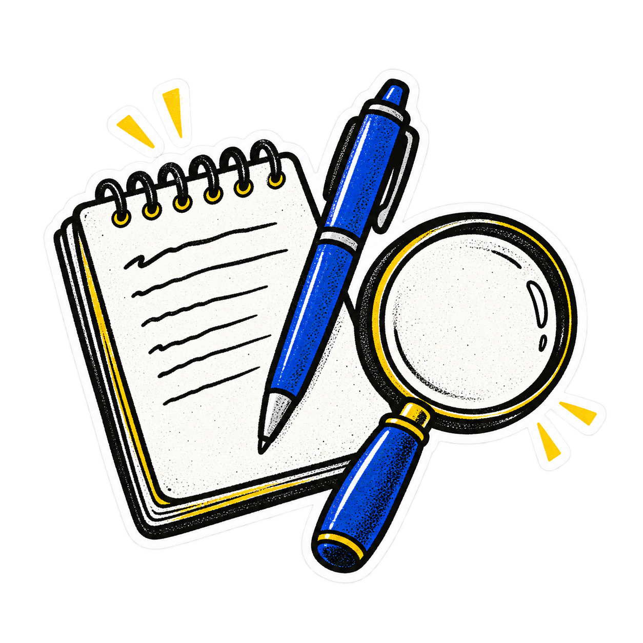A hand-drawn notebook, pen and magnifying glass